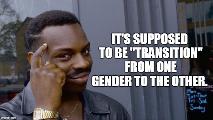 Roll Safe Think About It Meme | IT'S SUPPOSED TO BE "TRANSITION" FROM ONE GENDER TO THE OTHER. | image tagged in memes,roll safe think about it | made w/ Imgflip meme maker