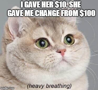 Heavy Breathing Cat | I GAVE HER $10, SHE GAVE ME CHANGE FROM $100 | image tagged in memes,heavy breathing cat | made w/ Imgflip meme maker