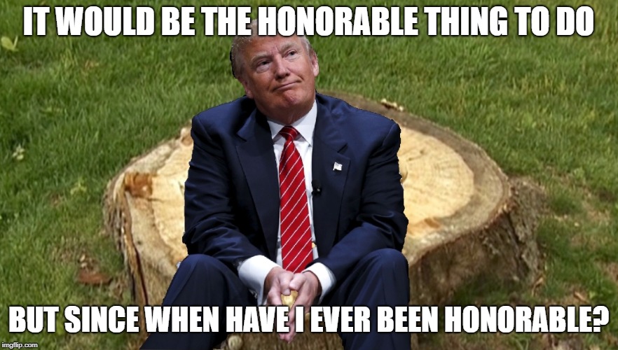 Trump on a stump | IT WOULD BE THE HONORABLE THING TO DO BUT SINCE WHEN HAVE I EVER BEEN HONORABLE? | image tagged in trump on a stump | made w/ Imgflip meme maker