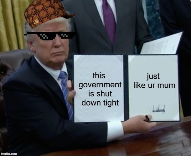Trump Bill Signing | just like ur mum; this government is shut down tight | image tagged in memes,trump bill signing | made w/ Imgflip meme maker