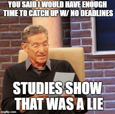 Maury Lie Detector Meme | YOU SAID I WOULD HAVE ENOUGH TIME TO CATCH UP W/ NO DEADLINES; STUDIES SHOW THAT WAS A LIE | image tagged in memes,maury lie detector | made w/ Imgflip meme maker