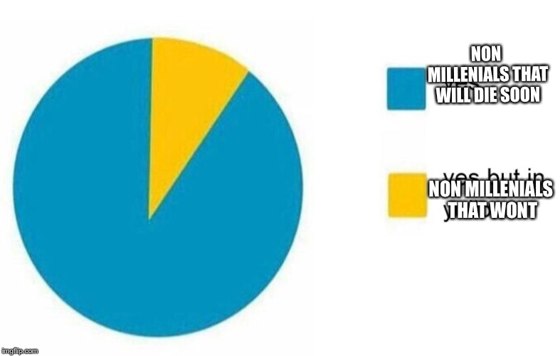 pie chart yes but in yellow | NON MILLENIALS THAT WILL DIE SOON NON MILLENIALS THAT WONT | image tagged in pie chart yes but in yellow | made w/ Imgflip meme maker