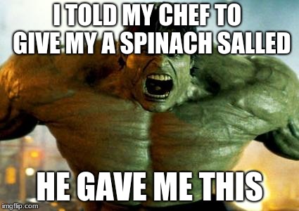 hulk | I TOLD MY CHEF TO  GIVE MY A SPINACH SALLED; HE GAVE ME THIS | image tagged in hulk | made w/ Imgflip meme maker