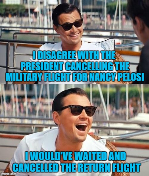 It makes sense from a retaliation point of view... | I DISAGREE WITH THE PRESIDENT CANCELLING THE MILITARY FLIGHT FOR NANCY PELOSI; I WOULD'VE WAITED AND CANCELLED THE RETURN FLIGHT | image tagged in memes,leonardo dicaprio wolf of wall street | made w/ Imgflip meme maker