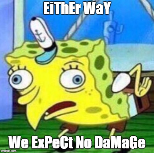 Sarcastic spongebob | EiThEr WaY; We ExPeCt No DaMaGe | image tagged in sarcastic spongebob | made w/ Imgflip meme maker