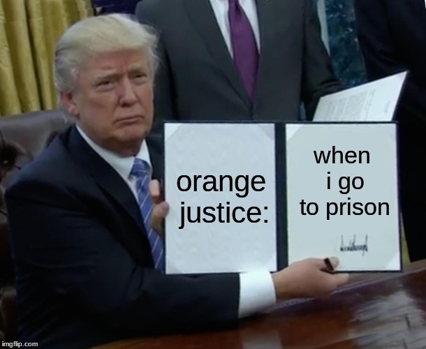 Trump Bill Signing Meme | orange justice:; when i go to prison | image tagged in memes,trump bill signing | made w/ Imgflip meme maker