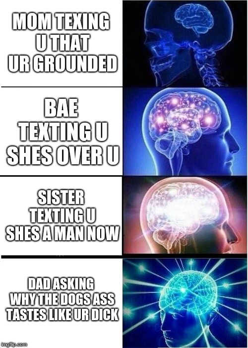 Expanding Brain Meme | MOM TEXING U THAT UR GROUNDED; BAE TEXTING U SHES OVER U; SISTER TEXTING U SHES A MAN NOW; DAD ASKING WHY THE DOGS ASS TASTES LIKE UR DICK | image tagged in memes,expanding brain | made w/ Imgflip meme maker
