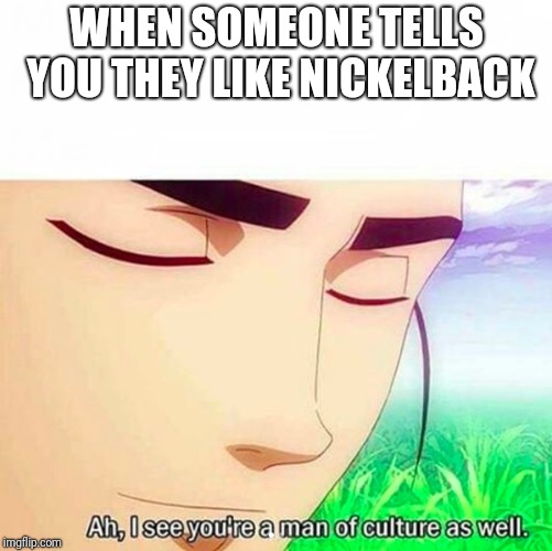 Ah,I see you are a man of culture as well | WHEN SOMEONE TELLS YOU THEY LIKE NICKELBACK | image tagged in ah i see you are a man of culture as well,nickelback,memes | made w/ Imgflip meme maker