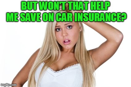 Dumb Blonde | BUT WON'T THAT HELP ME SAVE ON CAR INSURANCE? | image tagged in dumb blonde | made w/ Imgflip meme maker