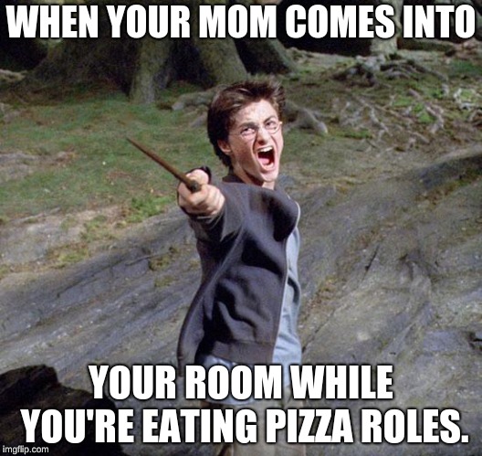 Harry potter | WHEN YOUR MOM COMES INTO; YOUR ROOM WHILE YOU'RE EATING PIZZA ROLES. | image tagged in harry potter | made w/ Imgflip meme maker