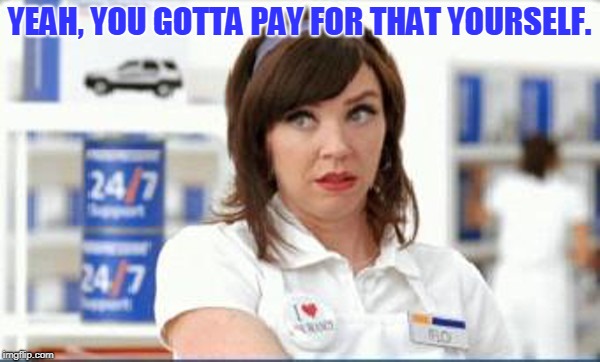 Progressive Flo | YEAH, YOU GOTTA PAY FOR THAT YOURSELF. | image tagged in progressive flo | made w/ Imgflip meme maker