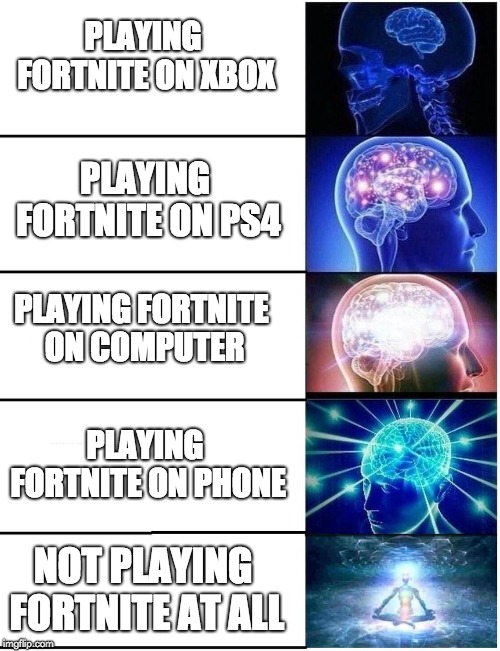 Expanding Brain 5 Panel | PLAYING FORTNITE ON XBOX; PLAYING FORTNITE ON PS4; PLAYING FORTNITE ON COMPUTER; PLAYING FORTNITE ON PHONE; NOT PLAYING FORTNITE AT ALL | image tagged in expanding brain 5 panel,fortnite,fortnitesucks,xbox,ps4,pc | made w/ Imgflip meme maker