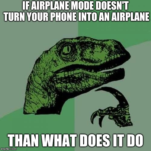 Philosoraptor | IF AIRPLANE MODE DOESN'T TURN YOUR PHONE INTO AN AIRPLANE; THAN WHAT DOES IT DO | image tagged in memes,philosoraptor | made w/ Imgflip meme maker