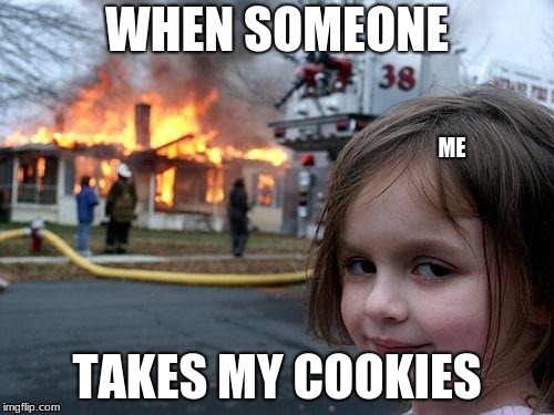 Disaster Girl | WHEN SOMEONE; ME; TAKES MY COOKIES | image tagged in memes,disaster girl | made w/ Imgflip meme maker