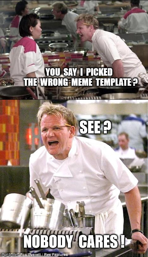 YOU  SAY  I  PICKED  THE  WRONG  MEME  TEMPLATE ? SEE ? NOBODY  CARES ! | image tagged in memes,angry chef gordon ramsay,chef gordon ramsay | made w/ Imgflip meme maker