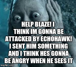 Scared Gollum | HELP BLAZE! I THINK IM GONNA BE ATTACKED BY ECHOHAWK! I SENT HIM SOMETHING AND I THINK HES GONNA BE ANGRY WHEN HE SEES IT | image tagged in scared gollum | made w/ Imgflip meme maker