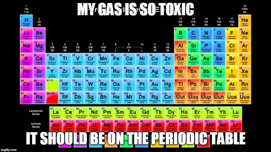Periodic Table of Elements | MY GAS IS SO TOXIC; IT SHOULD BE ON THE PERIODIC TABLE | image tagged in periodic table of elements | made w/ Imgflip meme maker