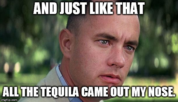 Forest Gump | AND JUST LIKE THAT; ALL THE TEQUILA CAME OUT MY NOSE. | image tagged in forest gump | made w/ Imgflip meme maker