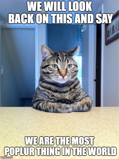 Take A Seat Cat Meme | WE WILL LOOK BACK ON THIS AND SAY; WE ARE THE MOST POPLUR THING IN THE WORLD | image tagged in memes,take a seat cat | made w/ Imgflip meme maker