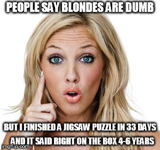 Dumb blonde |  PEOPLE SAY BLONDES ARE DUMB; BUT I FINISHED A JIGSAW PUZZLE IN 33 DAYS; AND IT SAID RIGHT ON THE BOX 4-6 YEARS | image tagged in dumb blonde | made w/ Imgflip meme maker