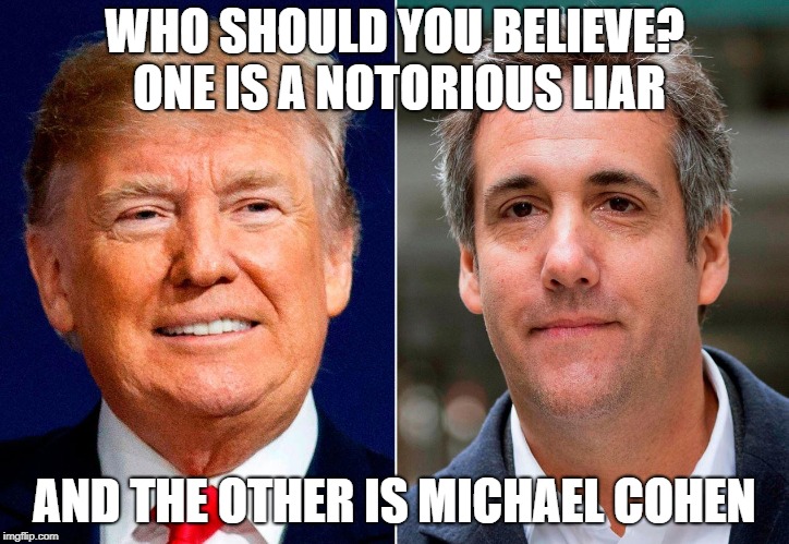 One is a notorious liar | WHO SHOULD YOU BELIEVE? ONE IS A NOTORIOUS LIAR; AND THE OTHER IS MICHAEL COHEN | image tagged in donald trump,michael cohen,notorious liar | made w/ Imgflip meme maker