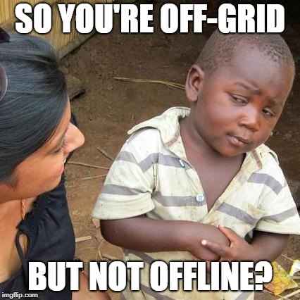 Third World Skeptical Kid Meme | SO YOU'RE OFF-GRID; BUT NOT OFFLINE? | image tagged in memes,third world skeptical kid | made w/ Imgflip meme maker