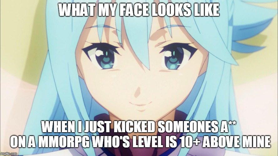 Aqua Smirk | WHAT MY FACE LOOKS LIKE; WHEN I JUST KICKED SOMEONES A** ON A MMORPG WHO'S LEVEL IS 10+ ABOVE MINE | image tagged in aqua smirk | made w/ Imgflip meme maker