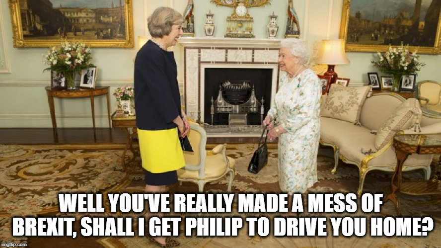 Theresa May & Queen Elizabeth | WELL YOU'VE REALLY MADE A MESS OF BREXIT, SHALL I GET PHILIP TO DRIVE YOU HOME? | image tagged in theresa may  queen elizabeth | made w/ Imgflip meme maker