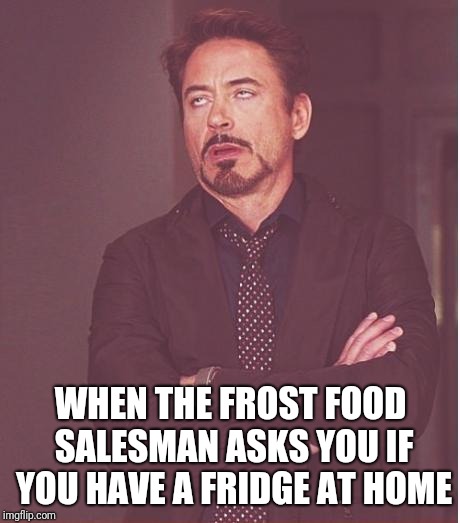 Face You Make Robert Downey Jr Meme | WHEN THE FROST FOOD SALESMAN ASKS YOU IF YOU HAVE A FRIDGE AT HOME | image tagged in memes,face you make robert downey jr | made w/ Imgflip meme maker