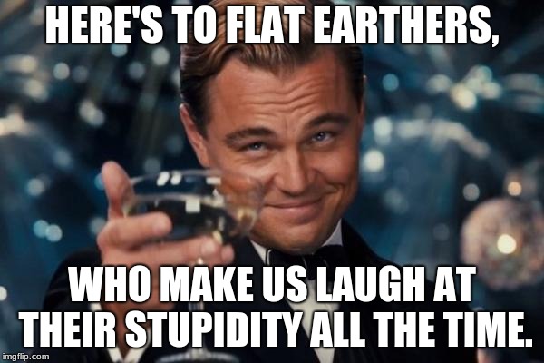 Leonardo Dicaprio Cheers | HERE'S TO FLAT EARTHERS, WHO MAKE US LAUGH AT THEIR STUPIDITY ALL THE TIME. | image tagged in memes,leonardo dicaprio cheers,flat earth | made w/ Imgflip meme maker