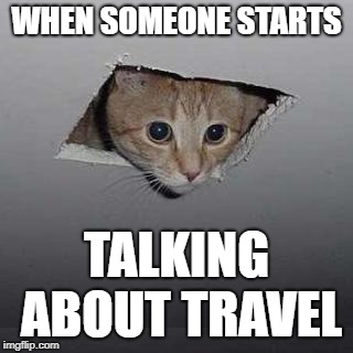 Ceiling Cat | WHEN SOMEONE STARTS; TALKING ABOUT TRAVEL | image tagged in memes,ceiling cat | made w/ Imgflip meme maker