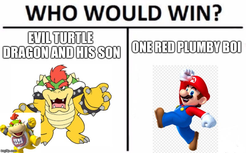 Who Would Win? Meme | EVIL TURTLE DRAGON AND HIS SON; ONE RED PLUMBY BOI | image tagged in memes,who would win | made w/ Imgflip meme maker