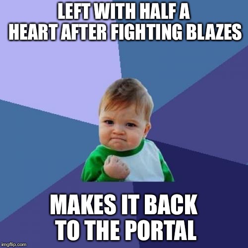 Success Kid | LEFT WITH HALF A HEART AFTER FIGHTING BLAZES; MAKES IT BACK TO THE PORTAL | image tagged in memes,success kid | made w/ Imgflip meme maker