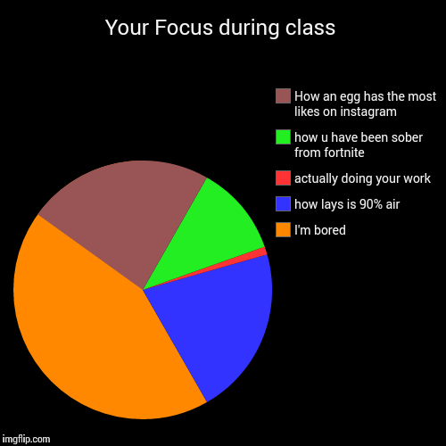 Your Focus during class | I'm bored, how lays is 90% air, actually doing your work, how u have been sober from fortnite, How an egg has the  | image tagged in funny,pie charts | made w/ Imgflip chart maker