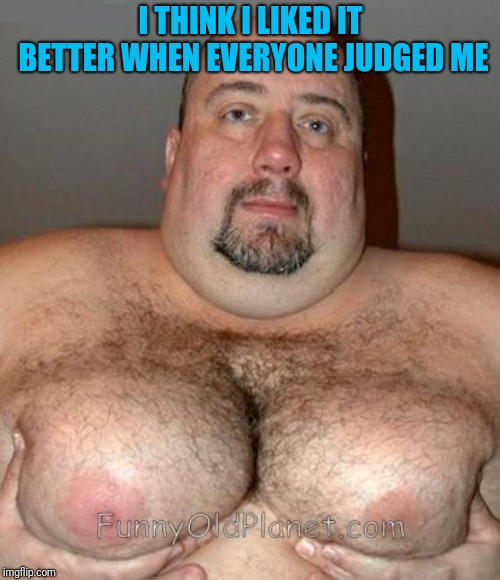 Hairy Mansome | I THINK I LIKED IT BETTER WHEN EVERYONE JUDGED ME | image tagged in hairy mansome | made w/ Imgflip meme maker
