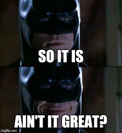 Batman Smiles Meme | SO IT IS AIN'T IT GREAT? | image tagged in memes,batman smiles | made w/ Imgflip meme maker