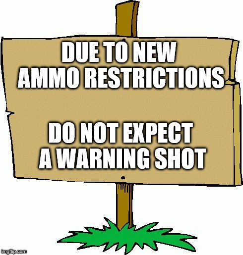 Picket sign | DO NOT EXPECT A WARNING SHOT; DUE TO NEW AMMO RESTRICTIONS | image tagged in picket sign | made w/ Imgflip meme maker