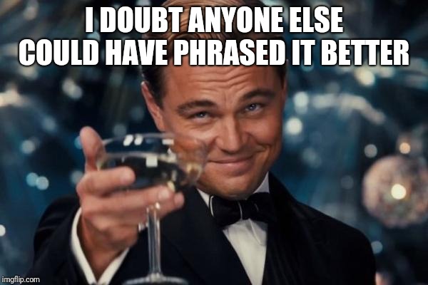 Leonardo Dicaprio Cheers Meme | I DOUBT ANYONE ELSE COULD HAVE PHRASED IT BETTER | image tagged in memes,leonardo dicaprio cheers | made w/ Imgflip meme maker