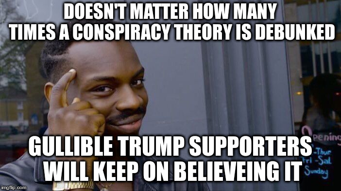 Roll Safe Think About It Meme | DOESN'T MATTER HOW MANY TIMES A CONSPIRACY THEORY IS DEBUNKED GULLIBLE TRUMP SUPPORTERS WILL KEEP ON BELIEVEING IT | image tagged in memes,roll safe think about it | made w/ Imgflip meme maker