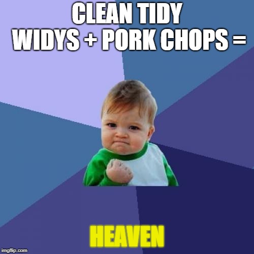 Success Kid Meme | CLEAN TIDY WIDYS + PORK CHOPS =; HEAVEN | image tagged in memes,success kid | made w/ Imgflip meme maker