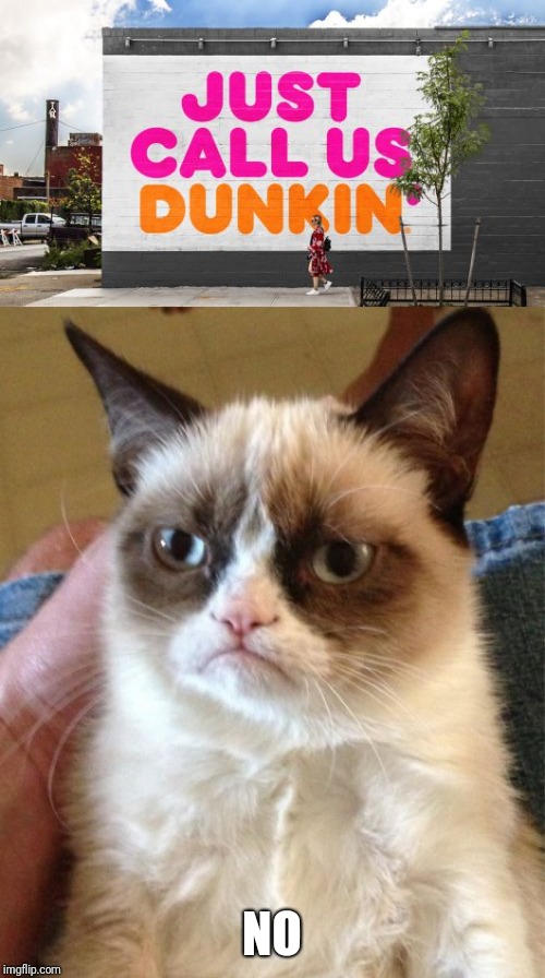 Grumpy cat's response to dunkin' donuts' name change | NO | image tagged in memes,grumpy cat,dunkin donuts,dunkin' | made w/ Imgflip meme maker