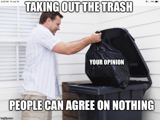 TAKING OUT THE TRASH; YOUR OPINION; PEOPLE CAN AGREE ON NOTHING | image tagged in trash,opinion,people,nothing,agree | made w/ Imgflip meme maker