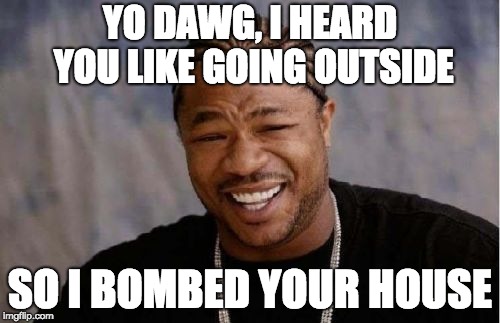 Yo Dawg Heard You Meme | YO DAWG, I HEARD YOU LIKE GOING OUTSIDE; SO I BOMBED YOUR HOUSE | image tagged in memes,yo dawg heard you | made w/ Imgflip meme maker