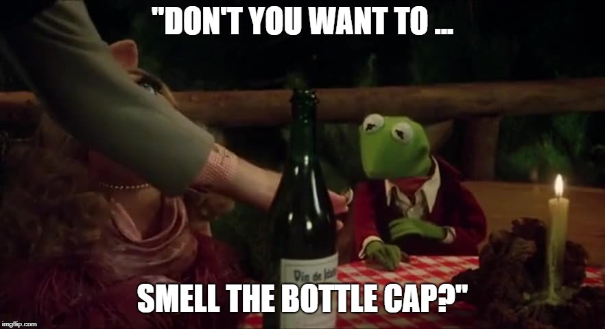 "DON'T YOU WANT TO ... SMELL THE BOTTLE CAP?" | image tagged in kermit the frog | made w/ Imgflip meme maker