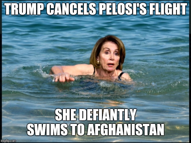 Pelosi | TRUMP CANCELS PELOSI'S FLIGHT; SHE DEFIANTLY SWIMS TO AFGHANISTAN | image tagged in pelosi | made w/ Imgflip meme maker