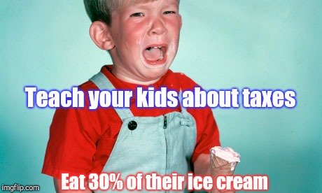 Here endth the lesson | Teach your kids about taxes; Eat 30% of their ice cream | image tagged in crying | made w/ Imgflip meme maker