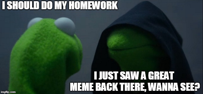 Evil Kermit | I SHOULD DO MY HOMEWORK; I JUST SAW A GREAT MEME BACK THERE, WANNA SEE? | image tagged in memes,evil kermit | made w/ Imgflip meme maker