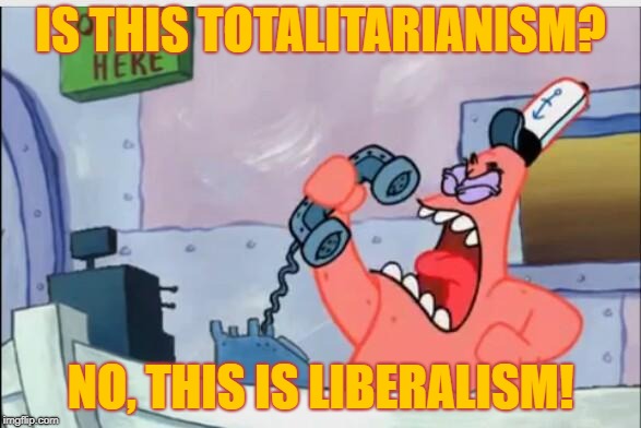 Is this totalitarianism? | IS THIS TOTALITARIANISM? NO, THIS IS LIBERALISM! | image tagged in no this is patrick,politics,liberals,totalitarianism | made w/ Imgflip meme maker