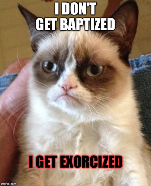 Grumpy Cat Meme | I DON'T GET BAPTIZED I GET EXORCIZED | image tagged in memes,grumpy cat | made w/ Imgflip meme maker