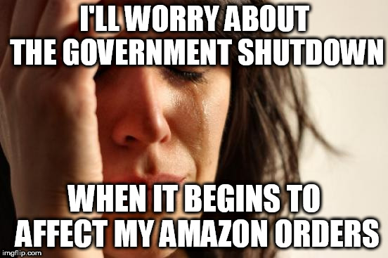 First World Problems Meme | I'LL WORRY ABOUT THE GOVERNMENT SHUTDOWN; WHEN IT BEGINS TO AFFECT MY AMAZON ORDERS | image tagged in memes,first world problems | made w/ Imgflip meme maker